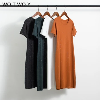 

WOTWOY Summer Basic Shiny Glitter Dresses Women Casual Short Sleeve Mid-Calf Dress Woman O-neck Straight Dresses Female Black