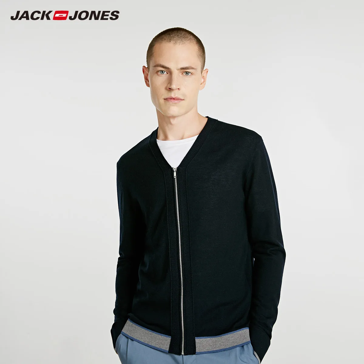 Jack Jones Мужской V шеи случайные сплайсинга трикотажный свитер куртка | 218324503 - Цвет: MIDNIGHT