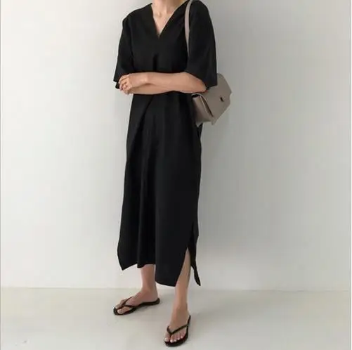 Loose Korean Fashion Style The Dress For Summer V Collar Short Sleeve Big Size Women Dresses Tide LJ890