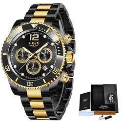 LIGE Luxury Waterproof Sports Chronograph Men's Watch with Stainless Steel Design & Gift Box (Black gold)