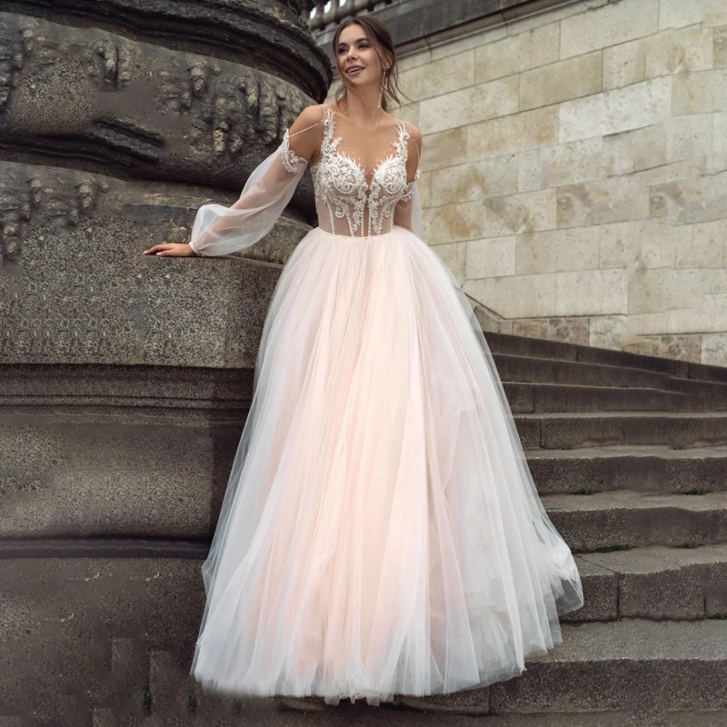

Smileven Nude Pink Puff Sleeve Princess Wedding Dress Lace Appliques Bridal GownsSoft Tulle vestido de noiva 2020