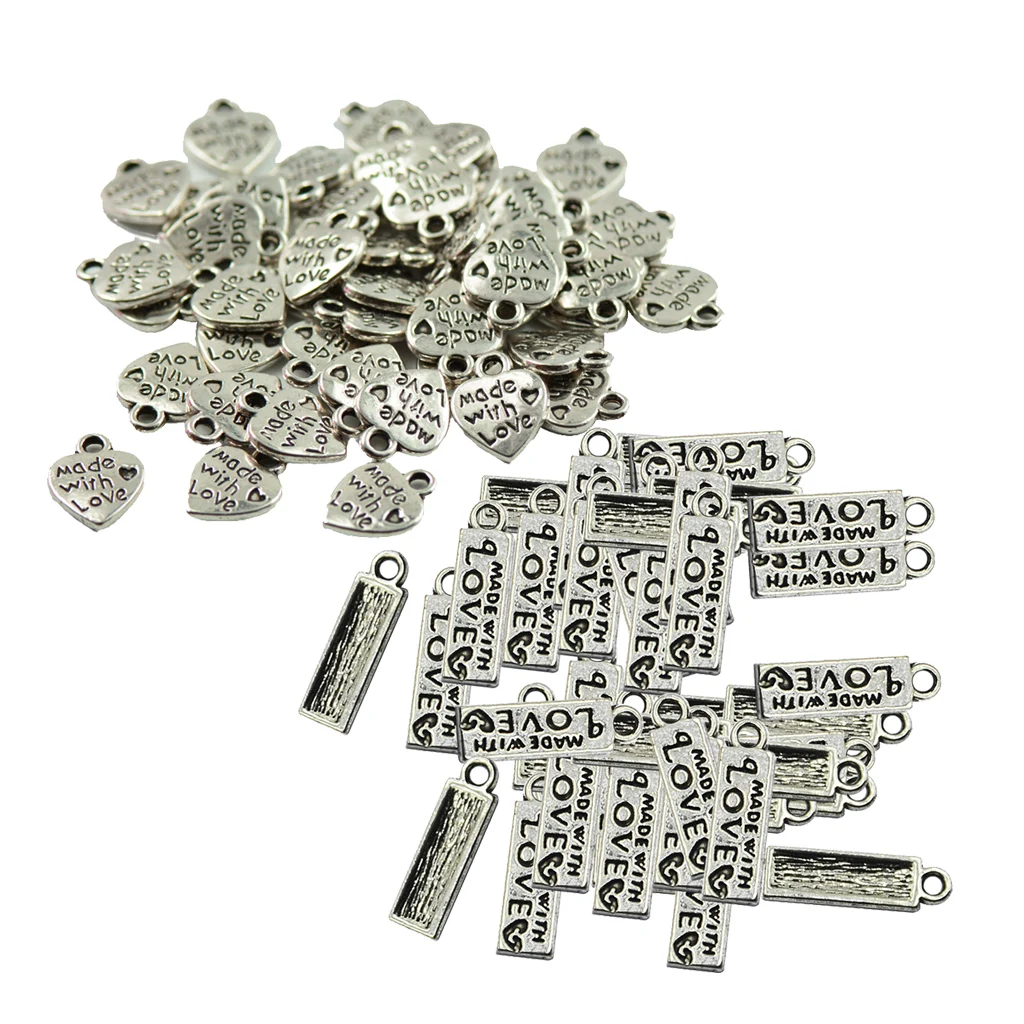 100 Pieces MADE WITH LOVE Rectangle Love Heart Shape Pendant DIY Making Antique silver color