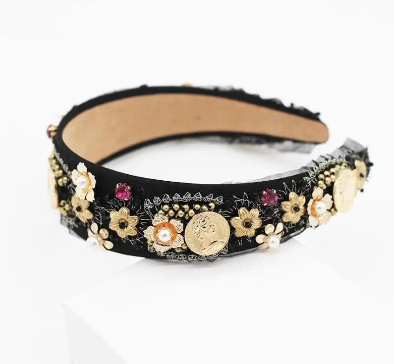 Барокко Золотая монета жемчужина кружева металла цветок моды подиума hairband вечерние аксессуары для волос