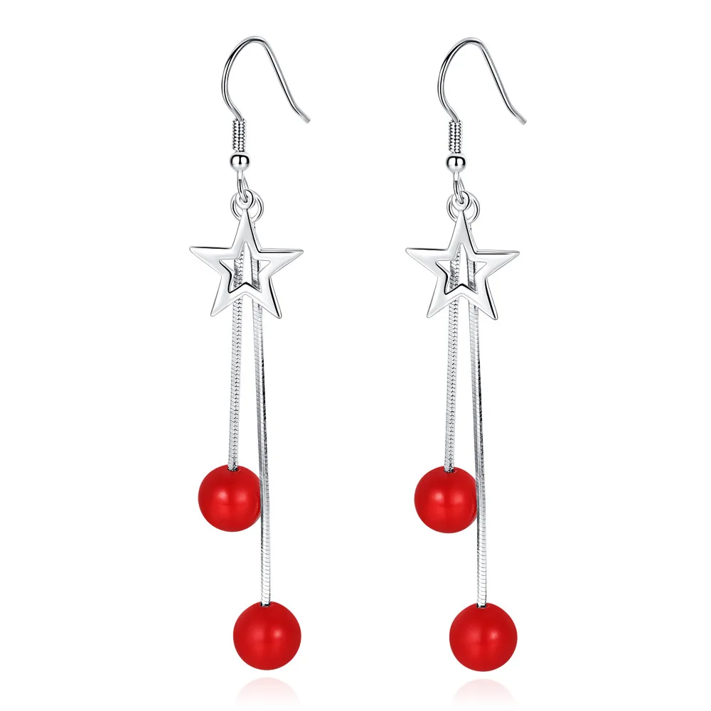 100% 925 Sterling Silver Elegant Star Red Pearl Female Tassel Drop Earrings Jewelry Promotion Women Gift | Украшения и аксессуары