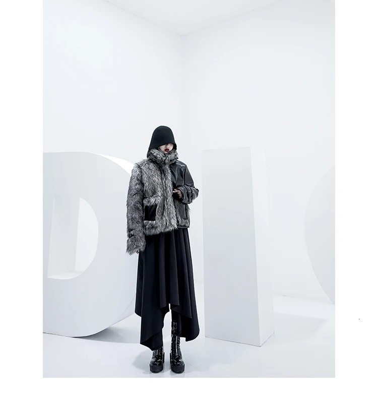 [DEAT]Loose Fit Leather Spliced Hit Color Warm Woolen Coat Parkas New Lapel Long Sleeve Women Fashion Autumn Winter 13E858