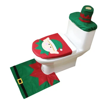 

Christmas Decoration Santa Elf elk Toilet Seat Cover & Rug Set & Tissue Box Cover for Bathroom 3Pcs
