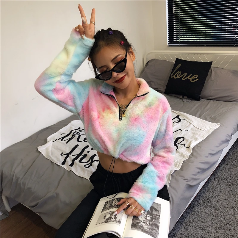 Goede Hugcitar 2019 tie dye lange mouwen rits hoge hals Faux lamswol crop tops herfst winter vrouwen streetwear effen jas