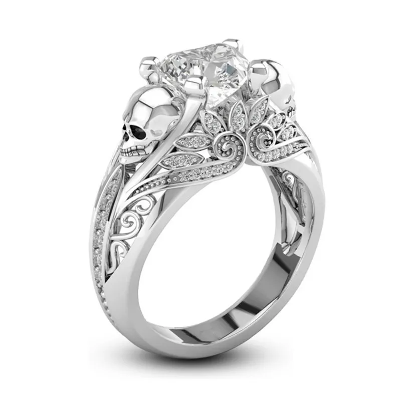 Skeleton Heart Shape CZ Stone Punk Skull Promise Ring for Women Fashion Wedding Engagement Jewelry Valentine's Day Gift
