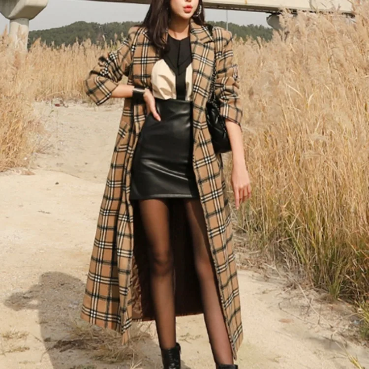 

2019 New Style Debutante Hepburn Wind Plaid Slim Fit Lace-up Plaid Long-cut Coat Elegant Woolen Jacket Women's