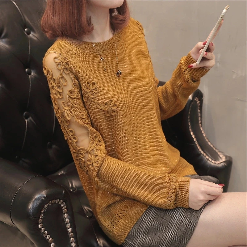 Female autumn and winter long-sleeved hollow round neck lace embroidered sweater bottoming shirt loose sweater - Цвет: Оранжевый