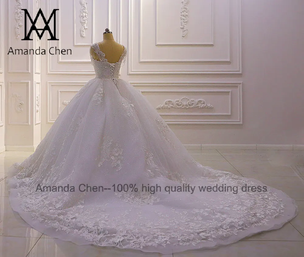 Свадебные платья Кристальные струны плеча кружева аппликация свадебное платье