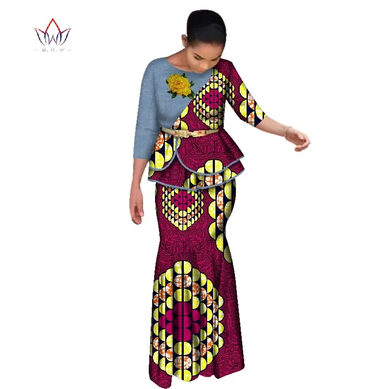 Розовая вышивка, традиционная африканская юбка, набор для женщин, Дашики, бесплатный платок, африканская одежда, элегантное вечернее платье, WY2642 - Цвет: 8