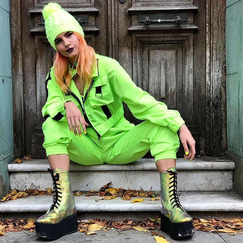 Rapwriter модные укороченные куртки и брюки карго комплект из двух предметов для женщин Осень Лоскутная лента женские джоггеры костюм наборы наряды - Цвет: Green Women Set