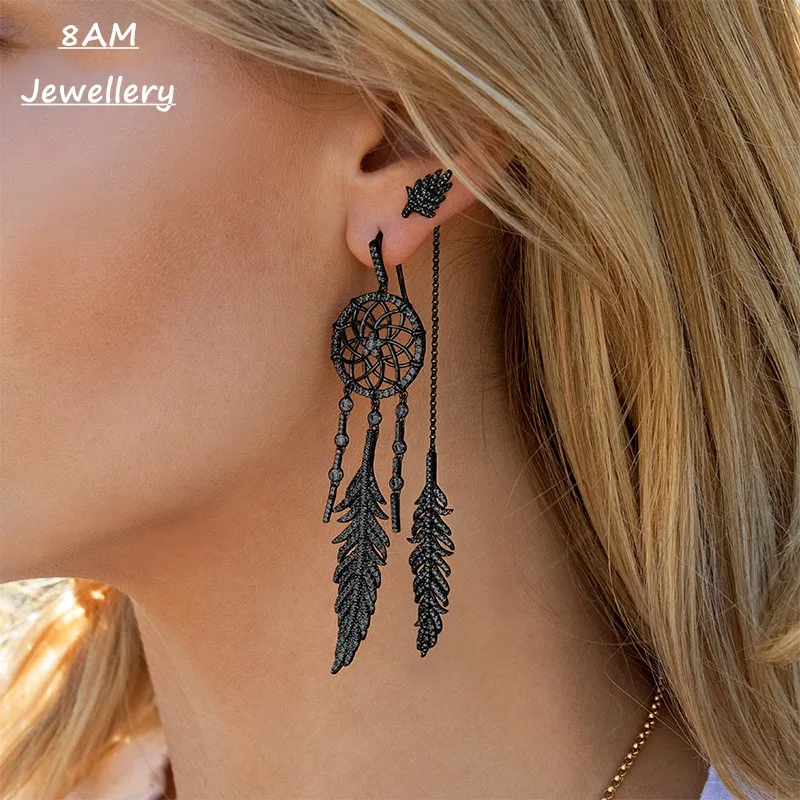 

Morocco Style Silver asymmetric dream catching net Earrings female cool black tribe design feeling hollow Feather Earrings