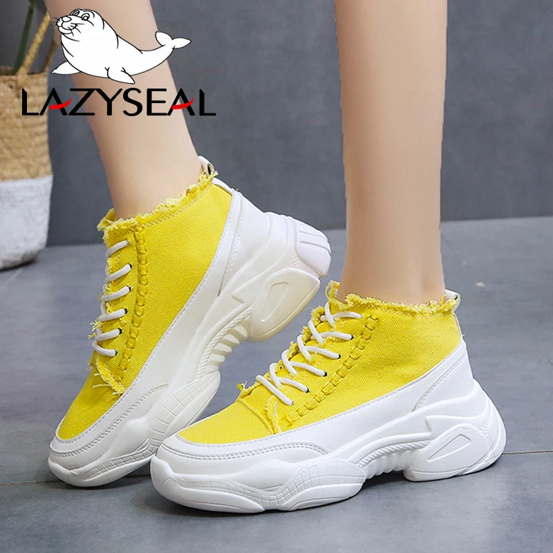

LazySeal Lace-Up Platform Casual Sanvas Shoes Ankle Boots For Women Round Toe Height Increasing 1.5cm Ladies Vulcanized Sneakers