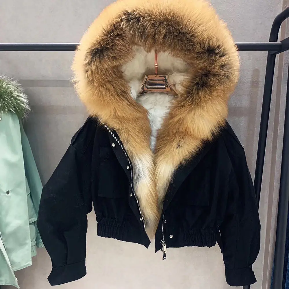 Black-Red Fox Новинка, Женская парка с натуральным мехом, Воротник из натурального Лисьего меха, зимнее толстое теплое пальто с натуральным мехом, куртка-бомбер с капюшоном с подкладкой из меха ягненка, S7652 - Цвет: Black-Red Fox