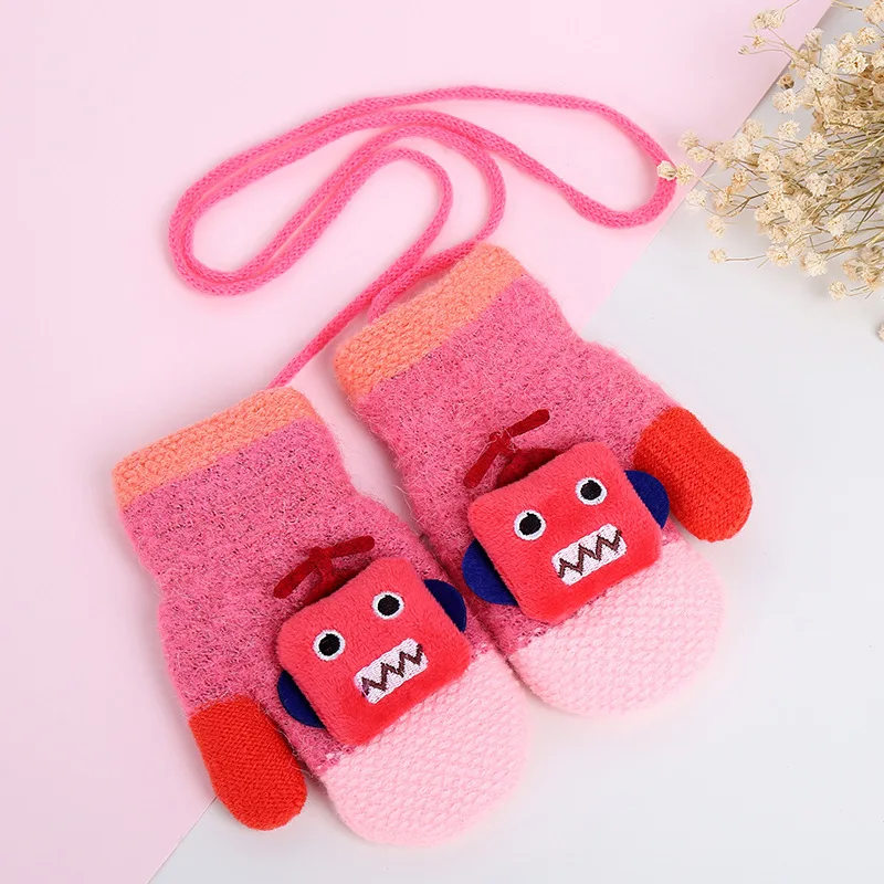 Rose Red Wecute Cute Cartoon Robot Baby Gloves Winter Wool Plus Thick Full Rope Finger Mittens Warm Knitted Gloves for Kids Boys Girls - Цвет: Rose Red