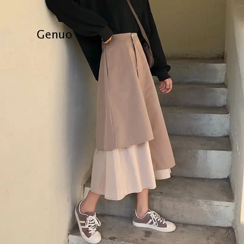 

Vintage Autumn Winter Women Irregular Pleated Skirt Long Skirts Elastic Waist Boho Beige Maxi Skirts Faldas