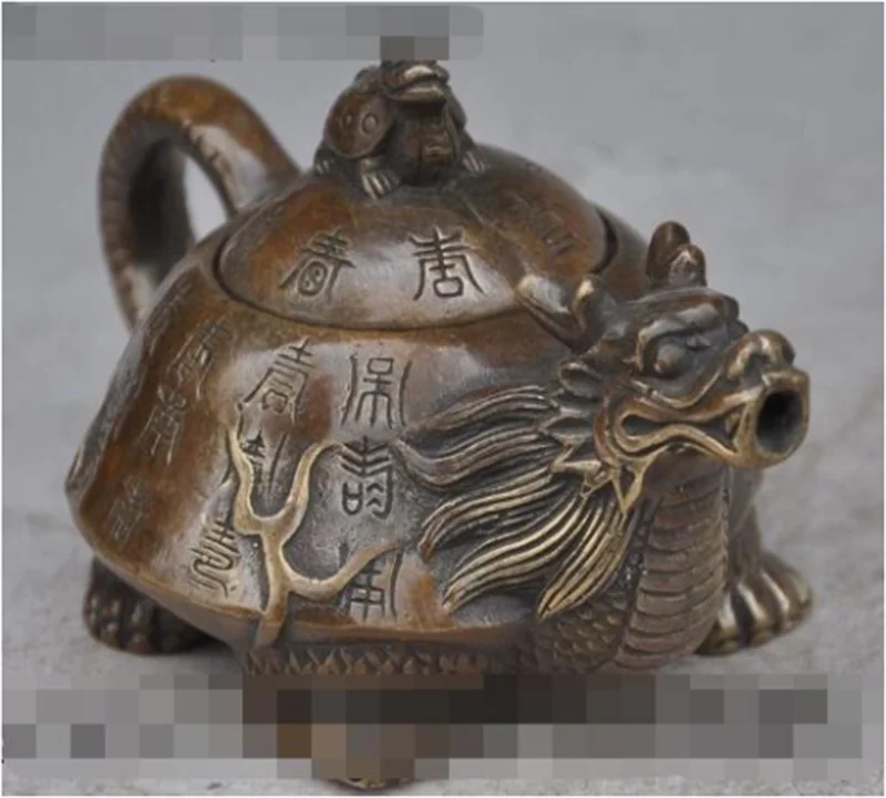 S2443 Китай Бронза животных Дракон; черепаха статуя долголетия вина Чай Пот кувшин
