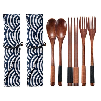 

2 Set Wooden Flatware Tableware Cutlery Set Travel Utensils Tied Line Reusable Flatware Wooden Fork Spoon Chopsticks
