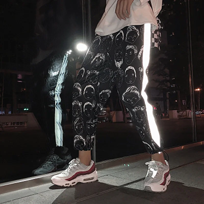 

Women Hip Hop Streetwear Ankle Length Trousers Fashion Character Printed Reflective Harem Pants Casual High Waist Loose Pantalon