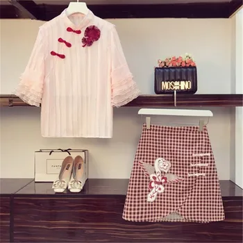 

Women's Summer V-neck Puff Sleeve shirt Plaid Mini Skirts Two-piece Suits