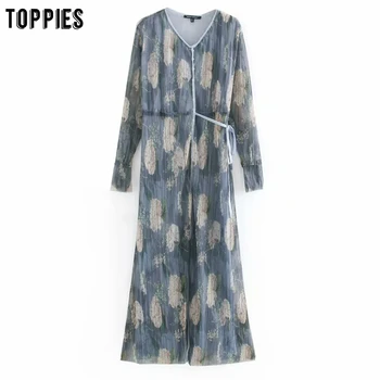 

toppies summer mesh yarn long dress women printing chiffon dress long sleeved lace-up elegant vestidos