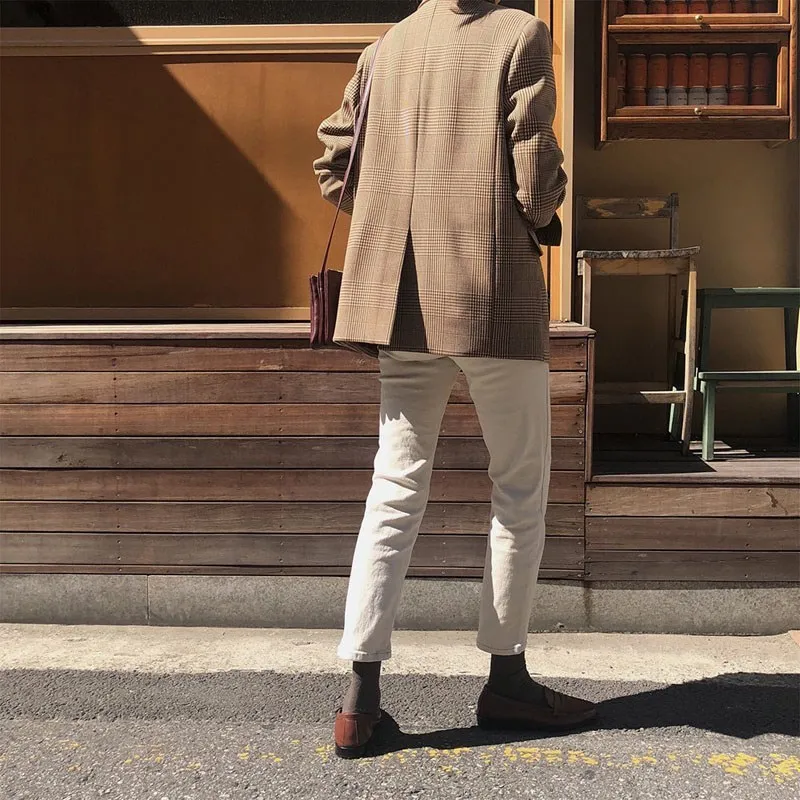 Осенние клетчатые с длинным рукавом Blazers с карманами, Свободное пальто для отдыха, Женские клетчатые блейзеры высокого качества