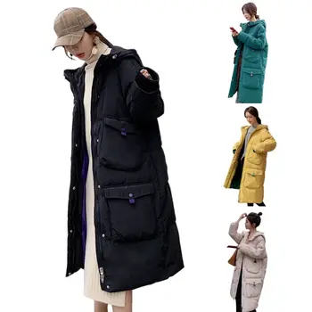 

Women Winter Padded Puffer Coat Hooded 4 Pockets Solid Midi Long Parkas Jacket
