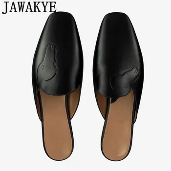 

Genuine Leather Slippers Women lazy Loafers round Toe Britain style 2020 spring summer comfortable embroidery Flat Shoes Mueller