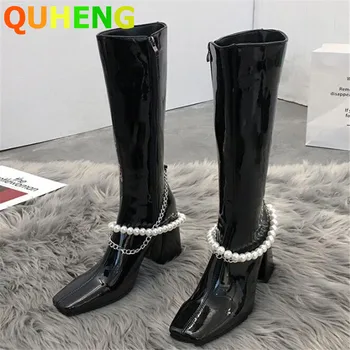 

Women's Long Boots 2020 Autumn New Patent Leather Square Head High Heels Boots Fashion Pearl Decoration Knight Boots Casual Shoe