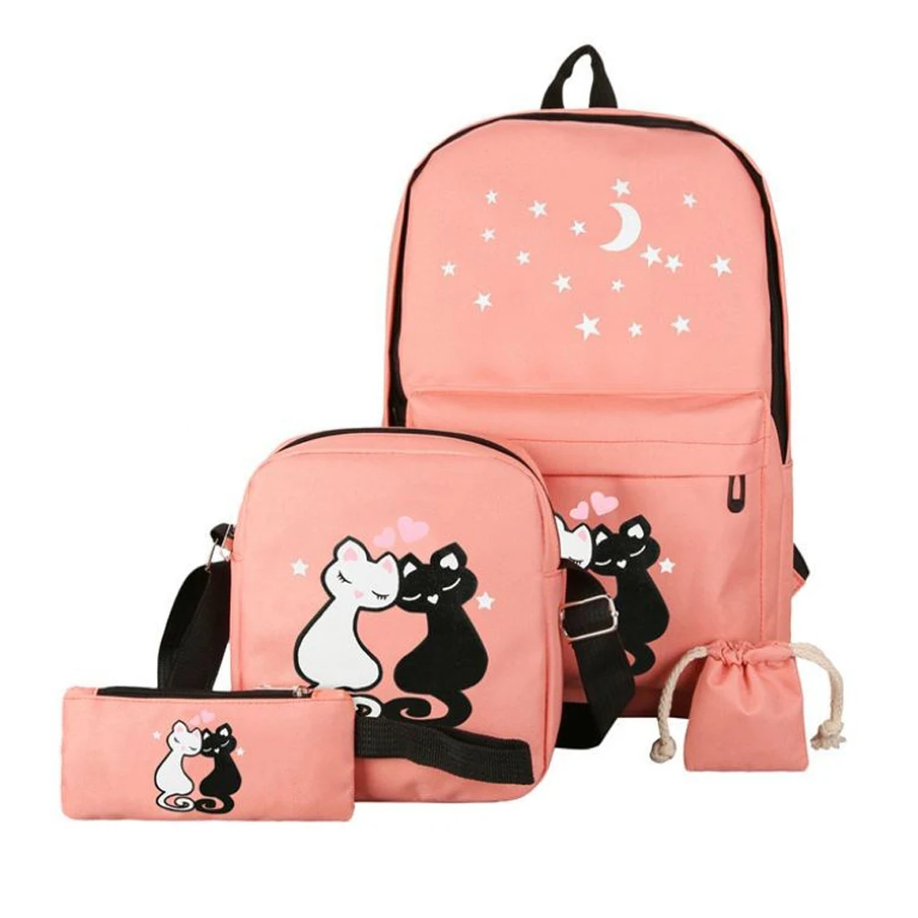 New Casual Cartoon Backpack Ladies Girls Women Print Bag Medium Large Rucksack School Travel Canvas Bags 4 pcs Sets