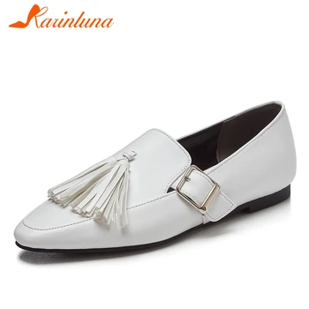 

Karinluna New Fashion 2020 Large Size 40 Genuine Cow Leather Fringe Shoes Woman Flats Slip On Casual Concise Flats Women Shoes