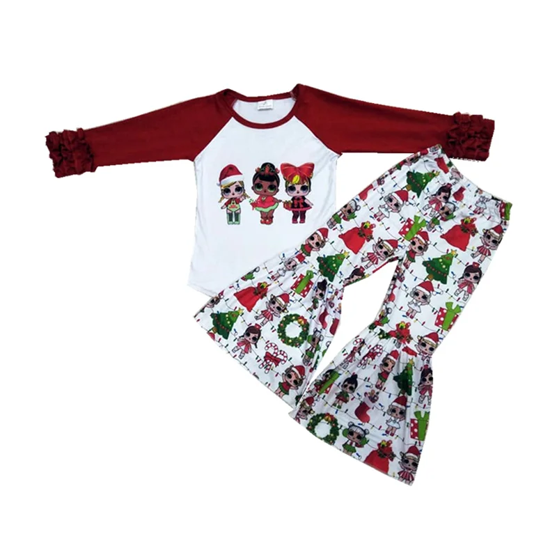 

Girl's Love dolls print ruffle top bell bottom pants set Christmas style clothes