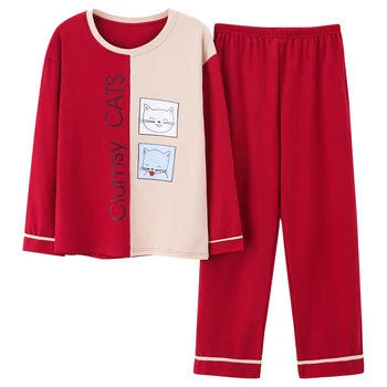 

Round Neck Animal Cat Pajamas Set Red Long Sleeve Cotton Cute Casual Sleepwear Autumn Cartoon Homewear For Women Pyjamas M-XXL