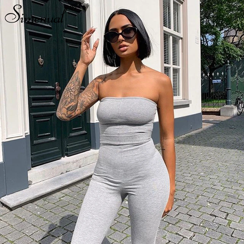 

Simenual Ribbed Strapless Bodycon Solid Jumpsuits Bandage Sexy Hot Fashion Skinny Sleeveless Rompers Womens Jumpsuit 2020 Summer