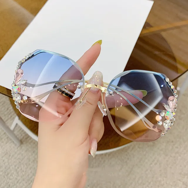 Fashion Anti-UV Diamond Sunglasses Women UV400 Rimless Vintage Sun Glasses Rhinestone Retro Sunglass Luxury Designer Oculos blue pink