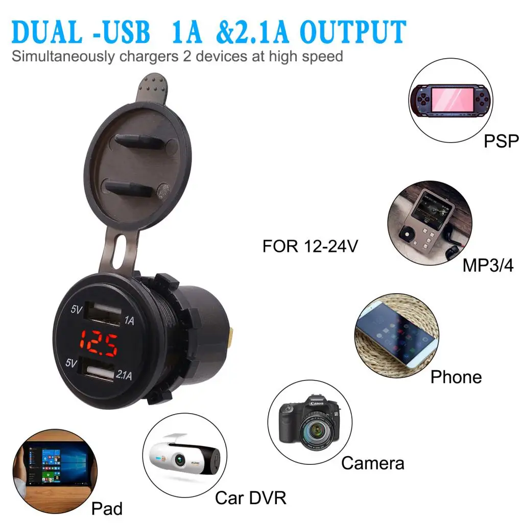 3.1A двойной USB зарядное устройство розетка Цифровой вольтметр Красный светодиодный 12-24 В для автомобиля