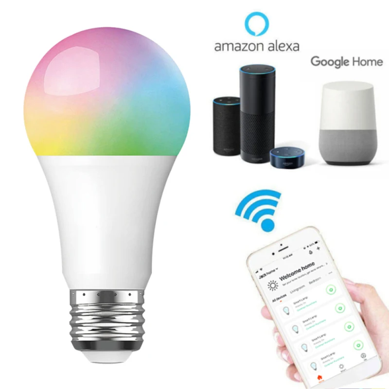 1 шт. WiFi умный светодиодный лампочка, лампа 7/9 Вт RGB RGBW E26/E27, разбудите теплую лампу, работающую с Alexa Google Home, рождественские огни