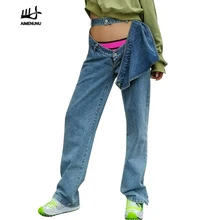 AIMENUNU, уличная одежда, женские джинсы, выдалбливают, высокая талия, джинсовые штаны, пэчворк, осенние длинные джинсы, женские,, модная одежда