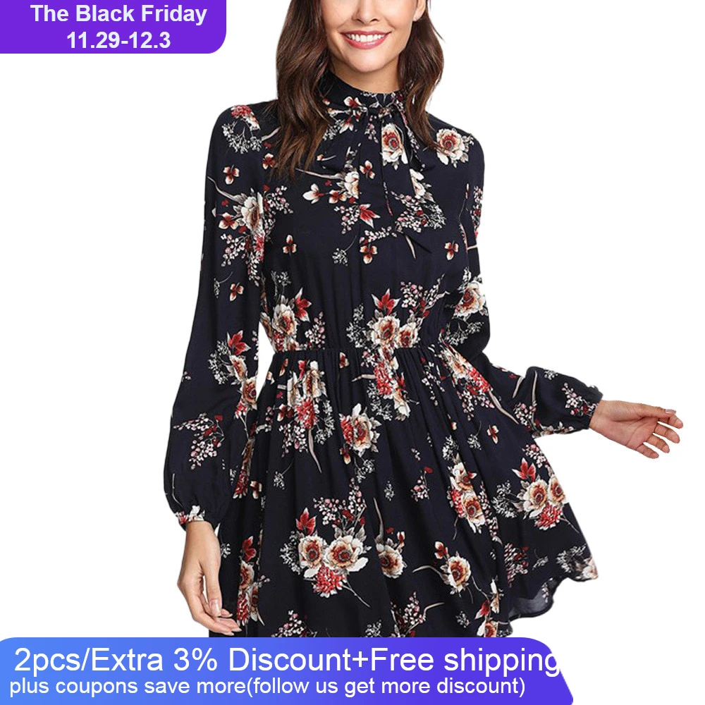 hot sale Summer dress Women Fashion Print Zippers Loose Long Sleeve Ladies Mini With Lace Up Vintage Printing dresses | Женская одежда
