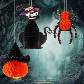 

3 Pcs Halloween Cat Pumpkin Spider Hanging Accessory Decoration Pendant Stereoscopic Honeycomb Ball Decorative Paper