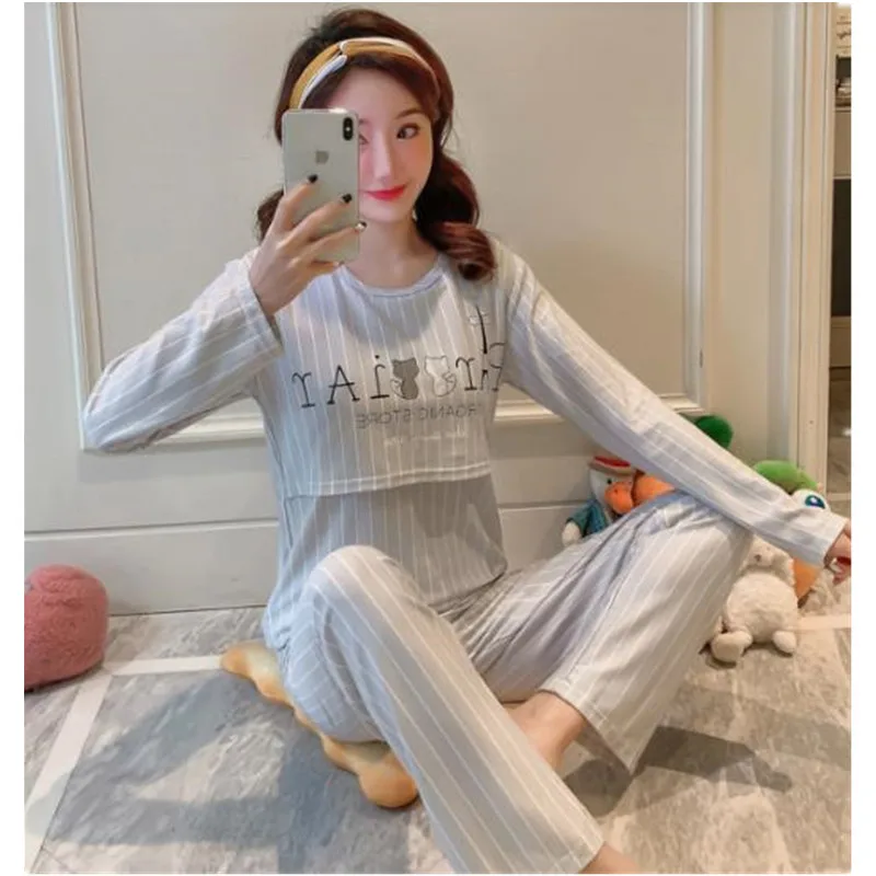 Breastfeeding Maternity Women Nightgown 2022 Spring Long Sleeve Top+Pant 2pcs Nursing Pajama For Pregnancy Women Sleepwear D0073 petite maternity clothes