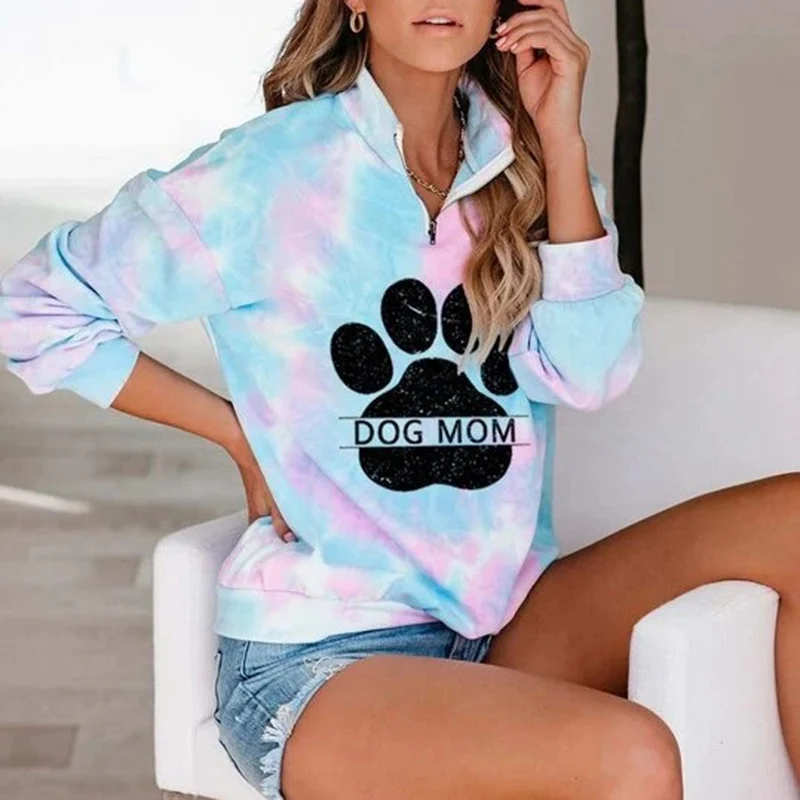 

NEW Women's Long Sleeve Zipper Stand Collar Tie-dye BOG MOM Cute Dog Footprints Sweater for Women Spring Pullovers Sweatshirt