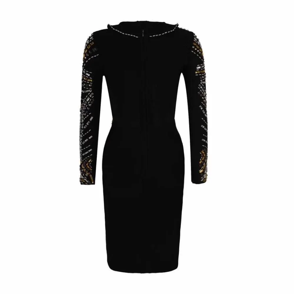 Новые женские черные бисероплетенные круглые шеи с длинным рукавом Vestido знаменитостей вечерние облегающие платья оптом