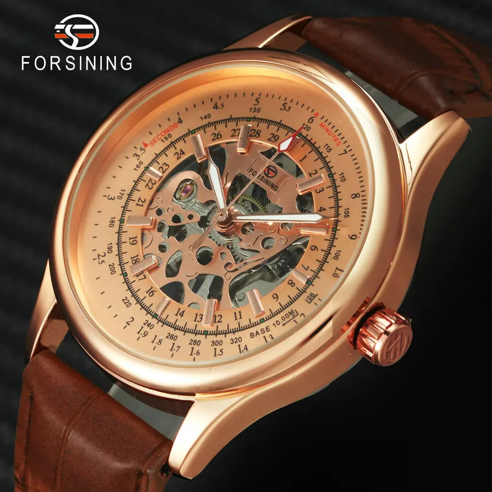 

FORSINING Fashion Retro Men Mechanical Watch Brown Leather Strap Rose Golden Skeleton Dial Transparent Case relogio masculino