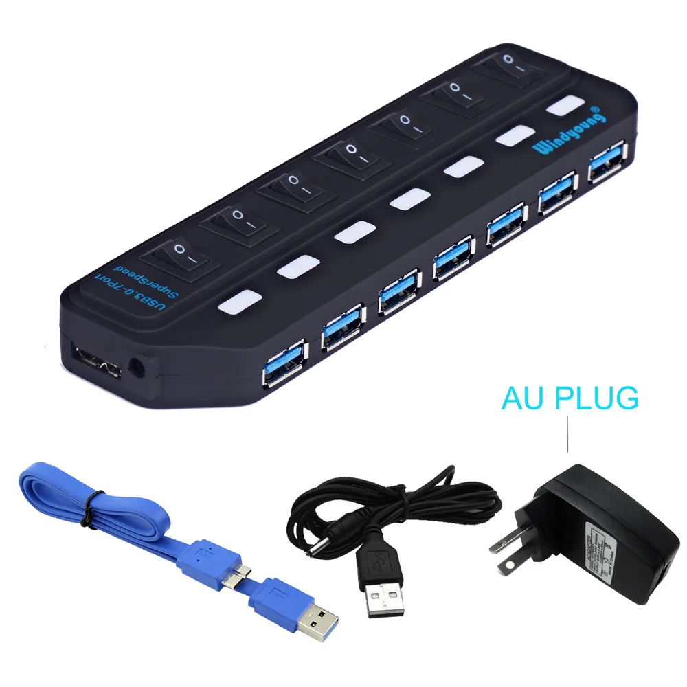 7 port with AU Plug USB 3,0 хаб многопортовый usb-адаптер 4/7 порт расширитель Высокоскоростной USB 3,0 хаб с адаптером питания USB 3,0 концентратор с переключателем для портативных ПК - Цвет: 7 port with AU Plug