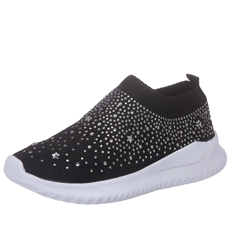 Women Sneakers Flat Vulcanized Shoes Knit Ladies Slip On Woman Glitter Crystal Loafer Women's Casual Shoes Female New