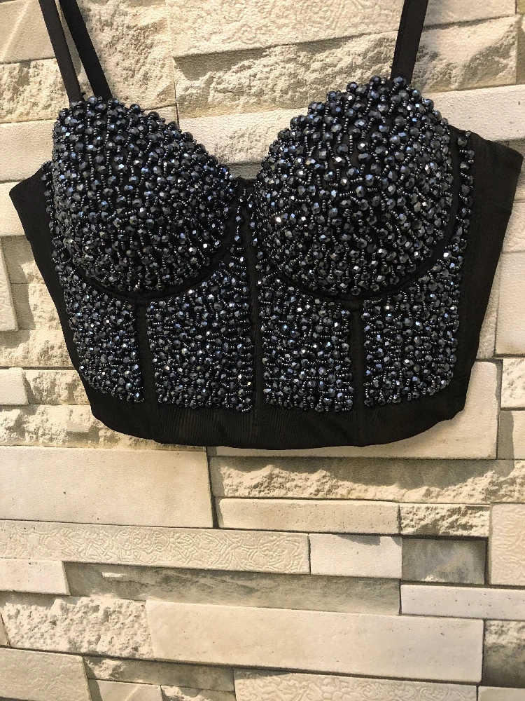 Осень Зима блёстки Гага бюстье жемчуг Пуш Ап ночной клуб Bralette женский бюстгальтер обрезанный Топ корсет размера плюс D240