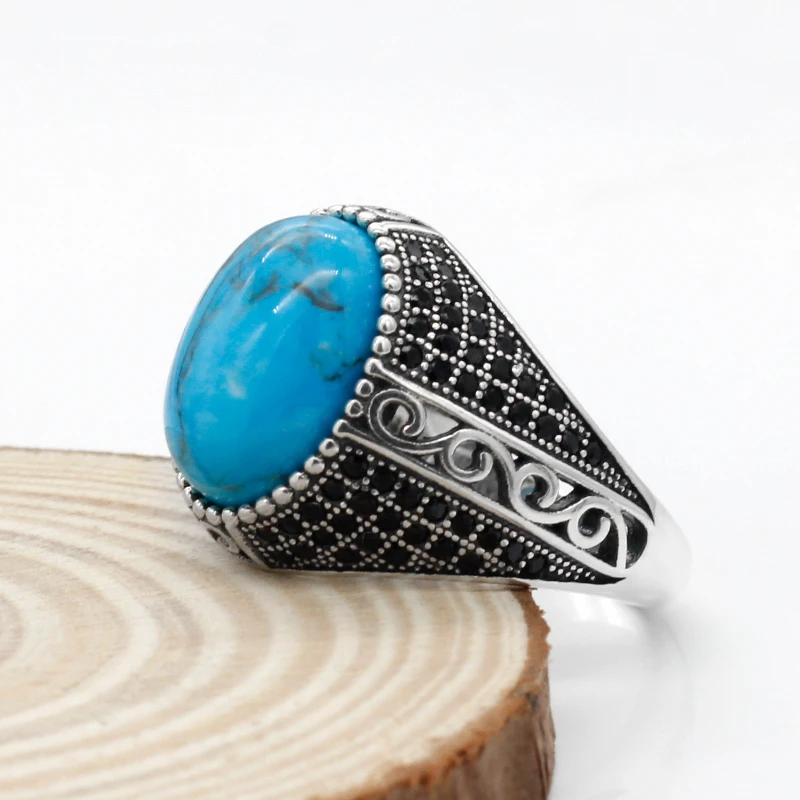 925 пробы Серебряное мужское кольцо с большой голубой камень винтажное тайское серебряное кольцо с черным CZ для мужчин и женщин турецкое ювелирное изделие